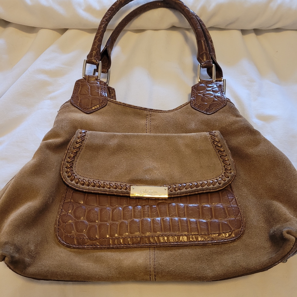 COLE HAAN  leather Suede brown Shoulder Handbag Croc Embossed